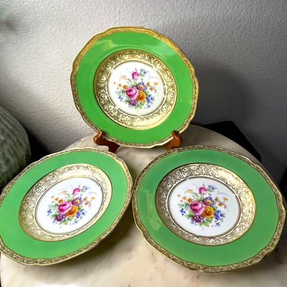 3 TIRSCHEN REUTH BAVARIA Decor Plates Green & Floral Design w/ Gold Filigree